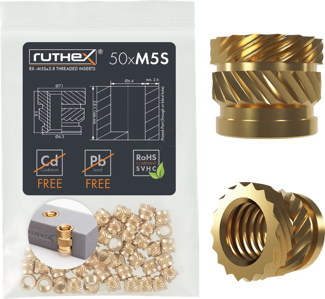 RX-M5SX5,8 - 3D Druck, Gewindeeinsätze, M5x5,8 (Short), 50 Stück