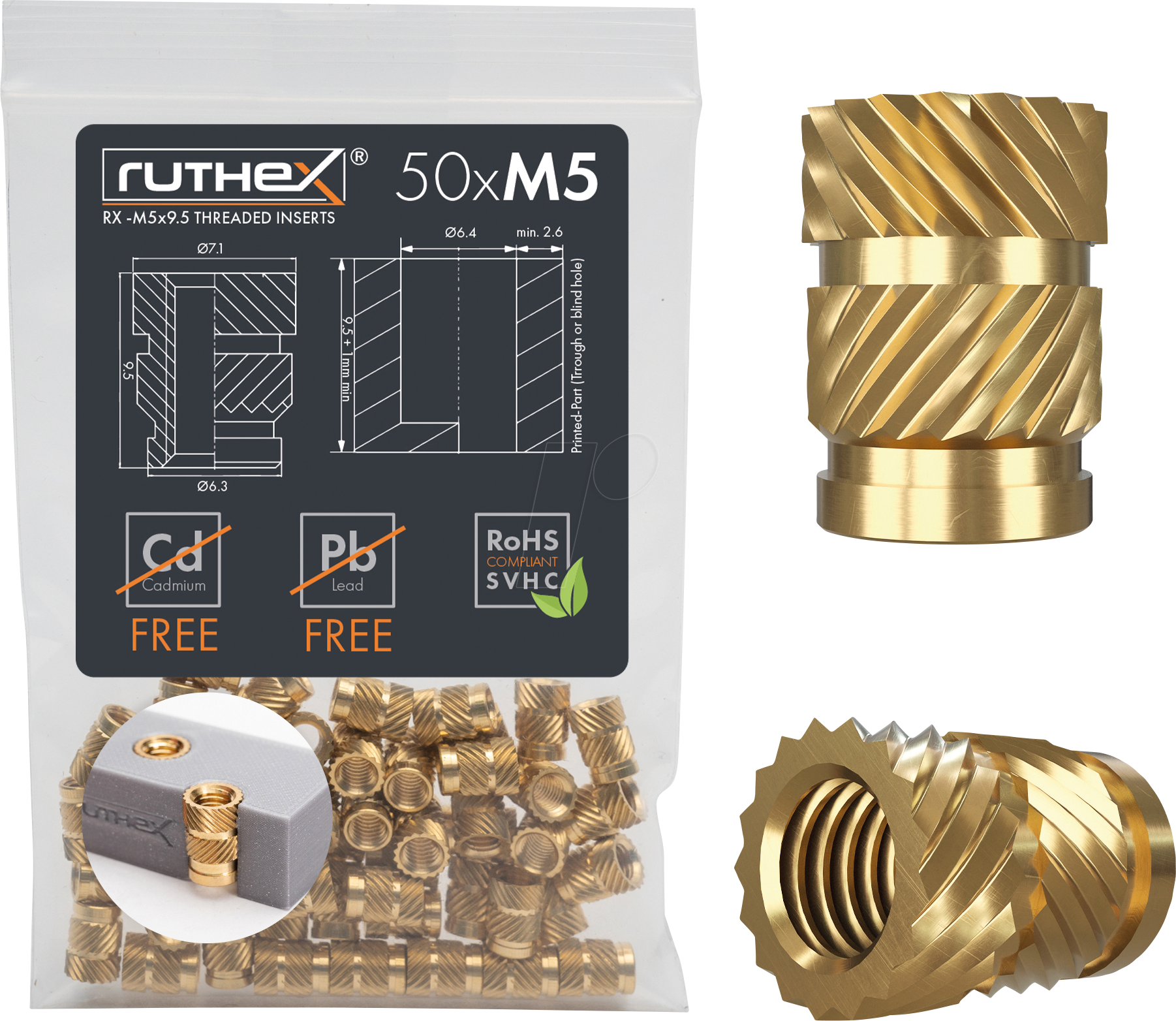 RX-M5X9,5 - 3D Druck, Gewindeeinsätze, M5x9,5, 50 Stück