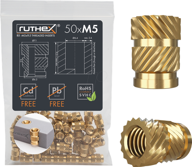 RX-M5X9,5 - 3D Druck, Gewindeeinsätze, M5x9,5, 50 Stück