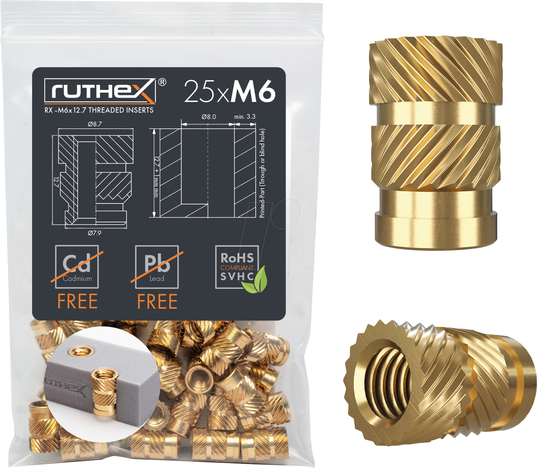 RX-M6X12,7 - 3D Druck, Gewindeeinsätze, M6x12,7, 25 Stück