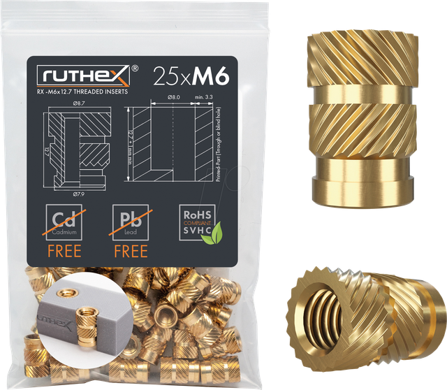 RX-M6X12,7 - 3D Druck, Gewindeeinsätze, M6x12,7, 25 Stück