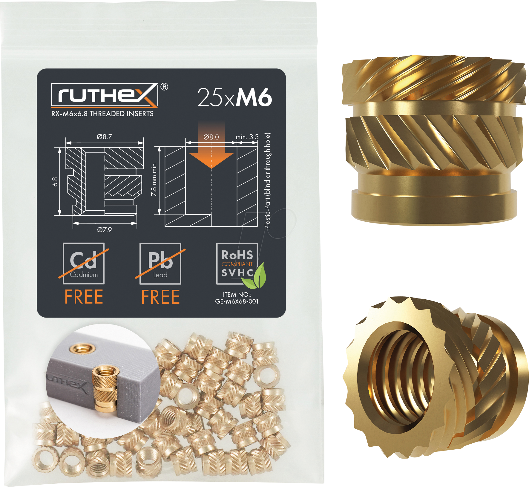 RX-M6X6,8 - 3D Druck, Gewindeeinsätze, M6x6,8, 25 Stück