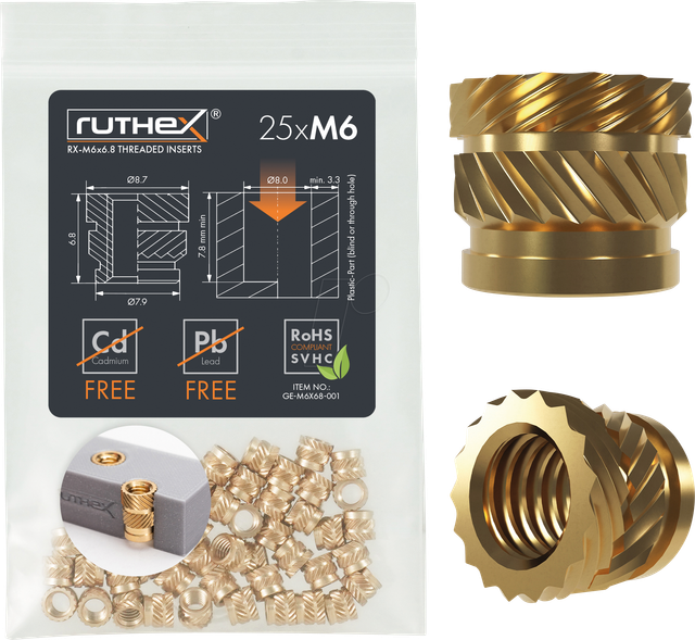 RX-M6X6,8 - 3D Druck, Gewindeeinsätze, M6x6,8, 25 Stück