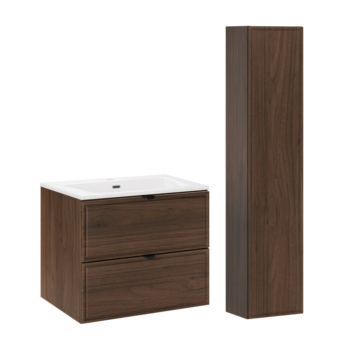 Waschtisch Und Hängesäule 61cm Elias Mit 2 Schubladen, Dunkles Holzoptik