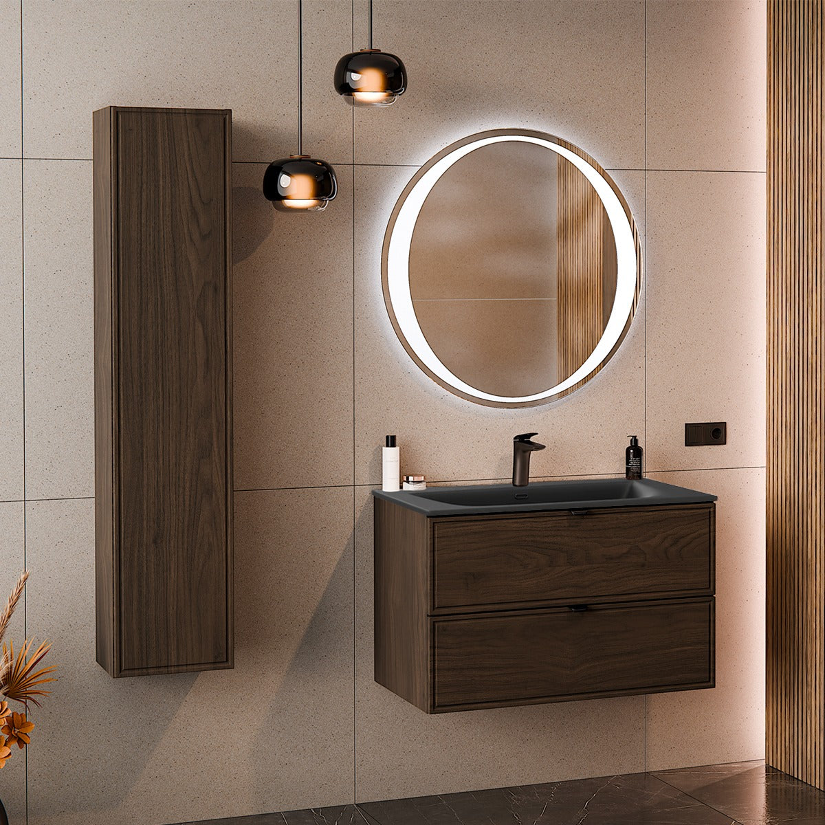 Waschtisch Und Hängesäule 81cm Elias Mit 2 Schubladen, Dunkles Holzoptik