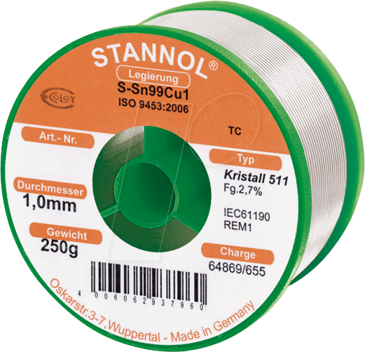 STA 511 TC 1,0 - Lötzinn bleifrei mit Kupferanteil,Ø 1,0 mm, 250 g