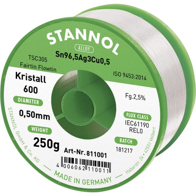STA 600 TSC 0,5 - Lötzinn bleifrei mit Silber- und Kupferanteil,Ø 0,5 mm, 250 g