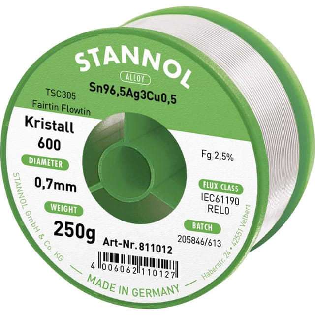 STA 600 TSC 0,7 - Lötzinn bleifrei mit Silber- und Kupferanteil,Ø 0,7 mm, 250 g