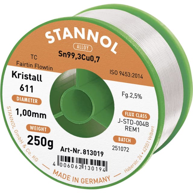 STA 611 TC 1,0 - Lötzinn bleifrei mit Kupferanteil, Ø 1,0 mm, 250 g