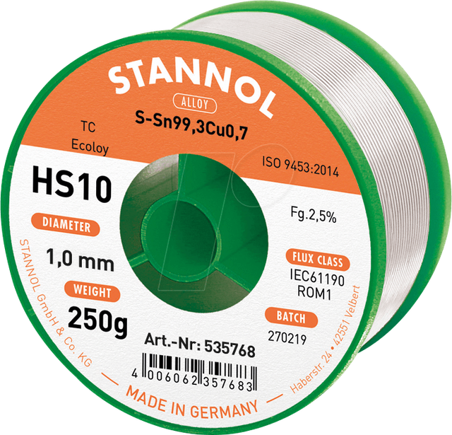 STA HS10 TC 1,0 - Lötzinn HS10 bleifrei mit Kupferanteil,Ø 1,0 mm, 250 g