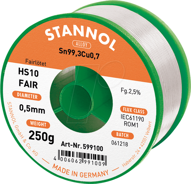 STA HS10F TC 0,5 - Lötzinn HS10 FAIR bleifrei mit Kupferanteil, Ø 0,5 mm, 250 g