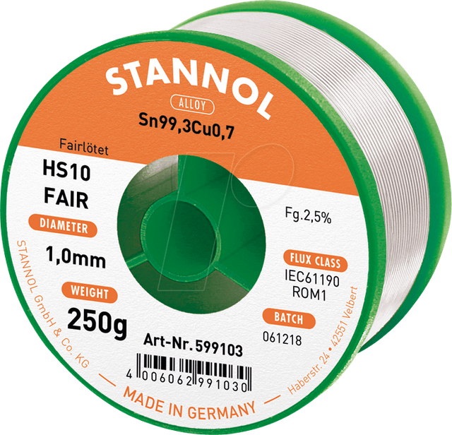 STA HS10F TC 1,0 - Lötzinn HS10 FAIR bleifrei mit Kupferanteil, Ø 1,0 mm, 250 g