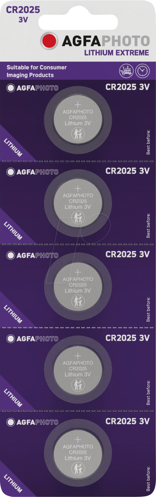 AGFA CR2025 X5 - Lithium-Knopfzelle, CR2025, 3V, 20,0x2,5 mm, 5er-Pack