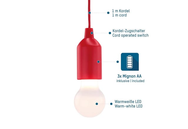 ANS 1600-0176 - Pendelleuchte mit Batterie, PL1W, 25 lm, rot, 3x AAA (Micro)