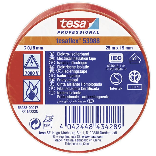 TESA 53988-17 - tesa Professional Isolierband, 25m x 19mm, rot