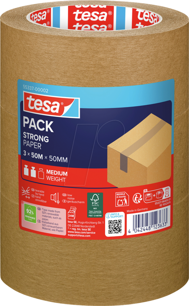 TESA 55337 - tesapack® STRONG PAPER, 50 m x 50 mm, 3 Rollen