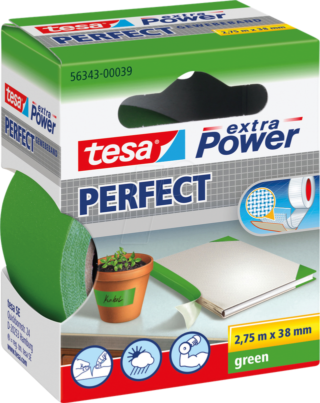TESA 56343 GN - Gewebeband tesa extra Power® Perfect, 2,75 m x 38 mm, grün