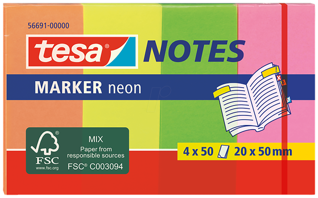 TESA 56691 - Klebezettel, Marker, 20 x 50mm, 4 x 50 Blatt, neon