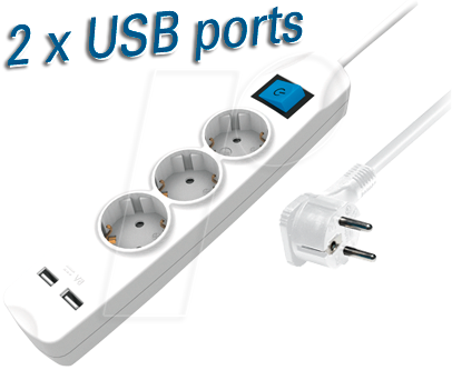 TME NV56-1,5WL - Steckdosenleiste, 3-fach, 2x USB, weiss, 1,5 m