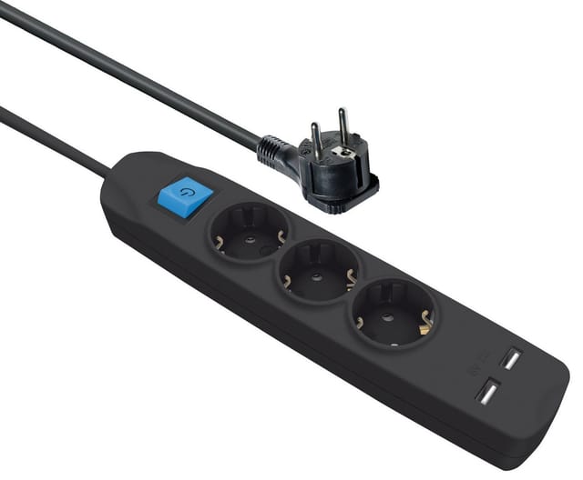 TME NV56-5L - Steckdosenleiste, 3-fach, 2x USB, schwarz, 5 m
