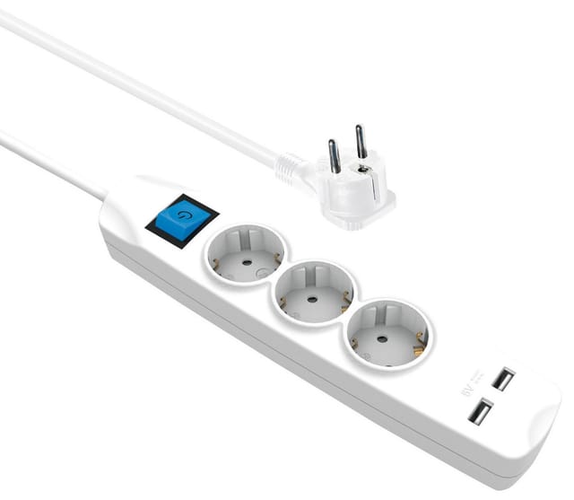 TME NV56-5WL - Steckdosenleiste, 3-fach, 2x USB, weiss, 5 m