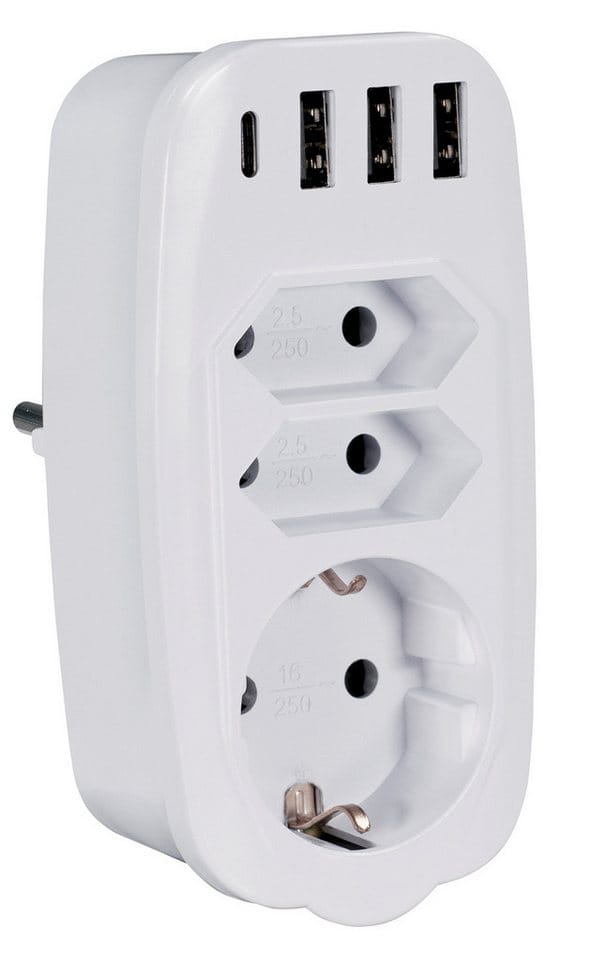 TME NV81L - Steckdosenadapter, 3-fach, 3x USB-A, 1x USB-C, weiss