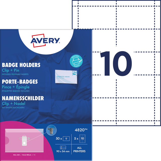 AVZ 4820 - Namensschild, 54x90 mm, Clip+Pin, mit Einsteckschilder, 50 Stück