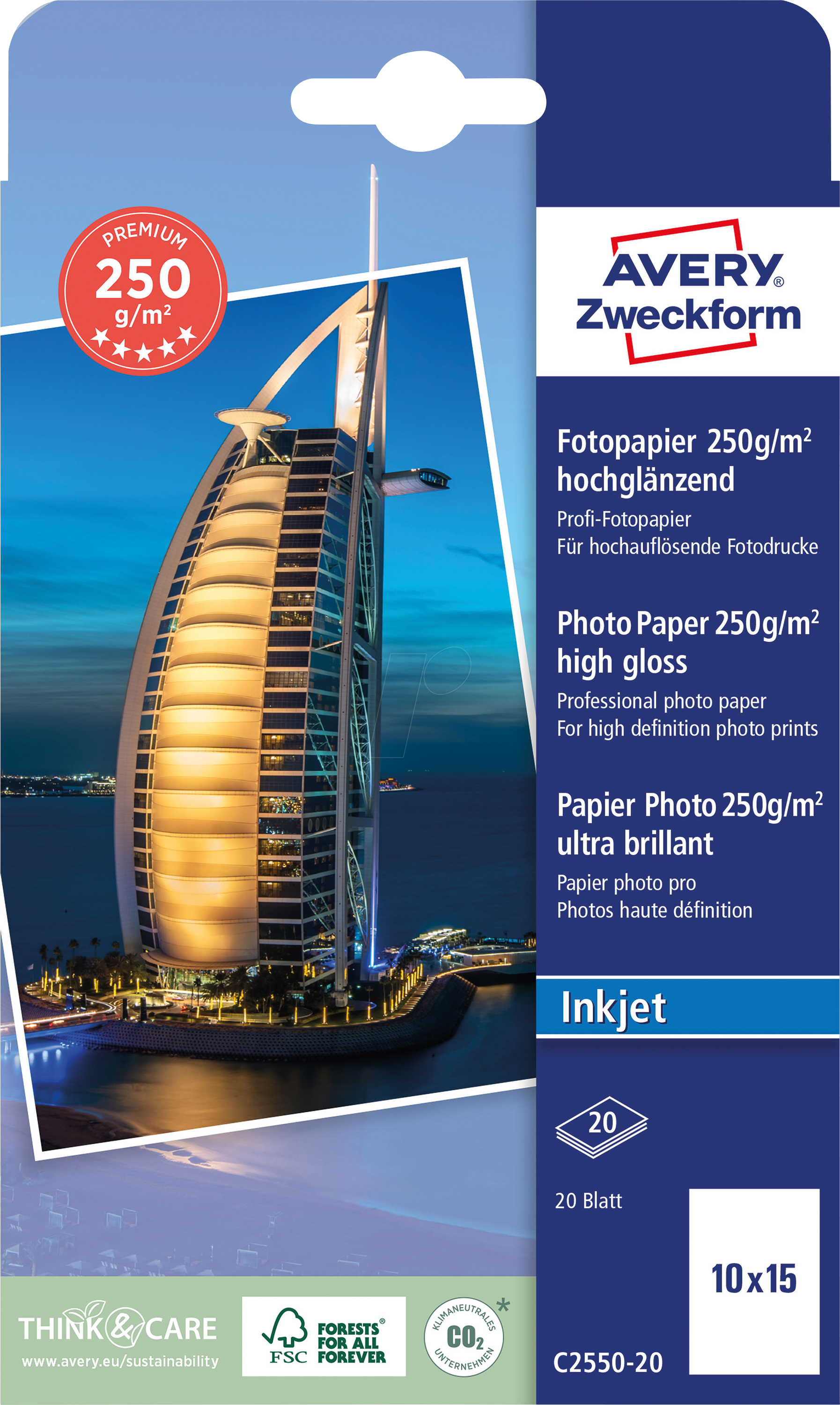 AVZ C2550-20 - Inkjet, Fotopapier, 10x15, 250 g/m², hochglänzend, 20 Blatt