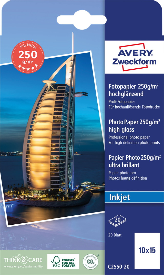 AVZ C2550-20 - Inkjet, Fotopapier, 10x15, 250 g/m², hochglänzend, 20 Blatt