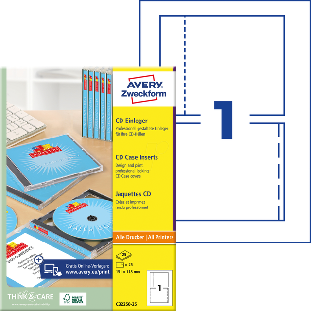 AVZ C32250-25 - CD-Einleger, Inkjet, Laser, 25 Stück, weiß