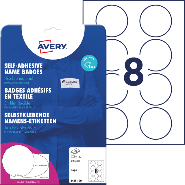 AVZ J4881-20 - Namens-Etiketten, Folie, rund, Ø 65 mm, 160 Stück, weiß