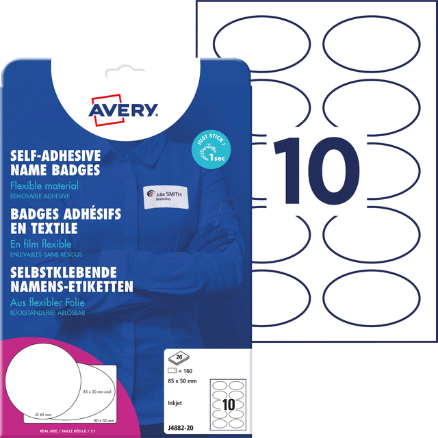 AVZ J4882-20 - Namens-Etiketten, Folie, oval, 85 x 50 mm, 200 Stück, weiß