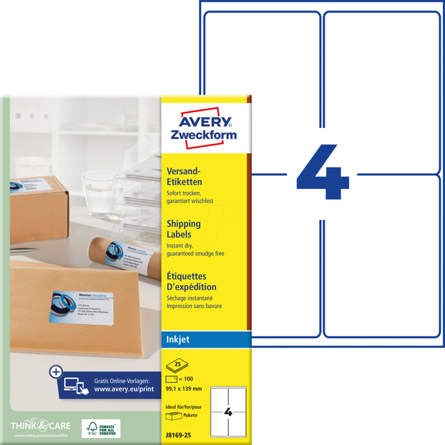 AVZ J8169-25 - Adressetikett, Paketetiketten, 99,1 x 139 mm, 100 Stück, weiß