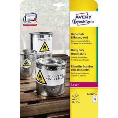 AVZ L4718-20 - Folien-Etiketten, wasserfest, 70 x 37 mm, 480 Stück, weiß