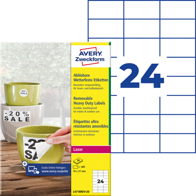 AVZ L4718REV-20 - Folien-Etiketten, wasserfest, eckig, 70 x 37 mm, 480 Stück, weiß