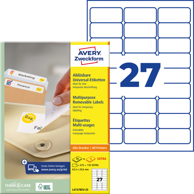 AVZ L4737REV-25 - Ablösbare Universaletiketten, 63,5 x 26,9 mm, weiß