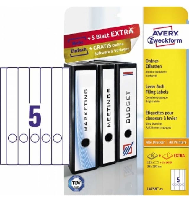 AVZ L4758-25 - Ordner-Etiketten, schmal, lang, 38 x 297 mm, weiß