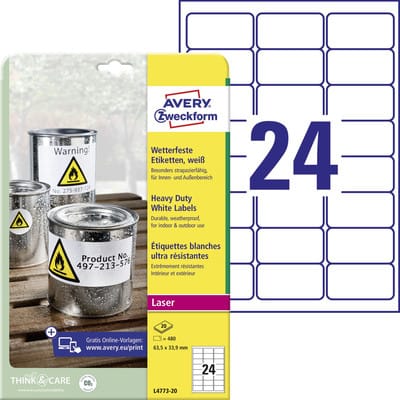 AVZ L4773-20 - Folien-Etiketten, wasserfest, 63,5 x 33,9 mm, 480 Stück, weiß
