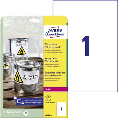 AVZ L4775-20 - Folien-Etiketten, wasserfest, 210 x 297 mm, 20 Stück, weiß