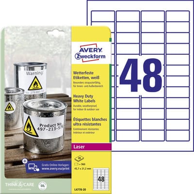 AVZ L4778-20 - Folien-Etiketten, wasserfest, 45,7 x 21,2 mm, 960 Stück, weiß