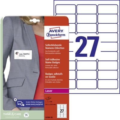 AVZ L4784-20 - Namens-Etiketten, Acetatseide, 63,5 x 29,6 mm, 540 Stück, weiß