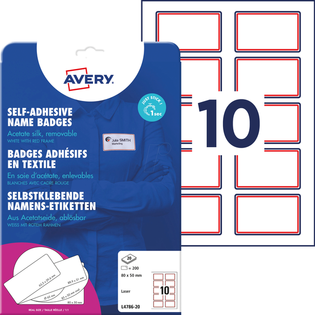 AVZ L4786-20 - Namens-Etiketten, Acetatseide, 80 x 50 mm, 200 Stück, roter Rand