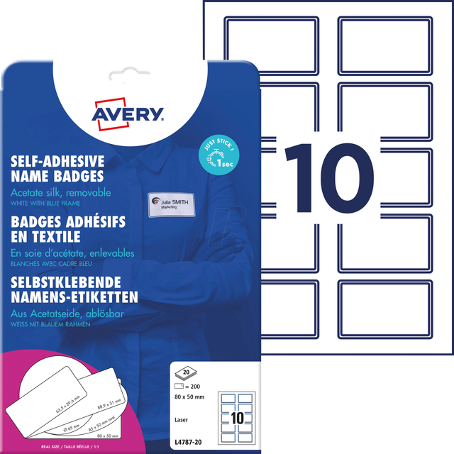 AVZ L4787-20 - Namens-Etiketten, Acetatseide, 80 x 50 mm, 200 Stück blauer Rand
