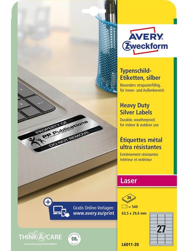 AVZ L6011-20 - Typenschild-Etiketten, wasserfest, 63,5 x 29,6 mm, 540 Stück, si