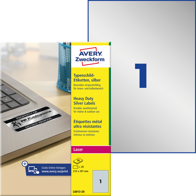 AVZ L6013-20 - Typenschild-Etiketten, wasserfest, 210 x 297 mm, 20 Stück, silbe
