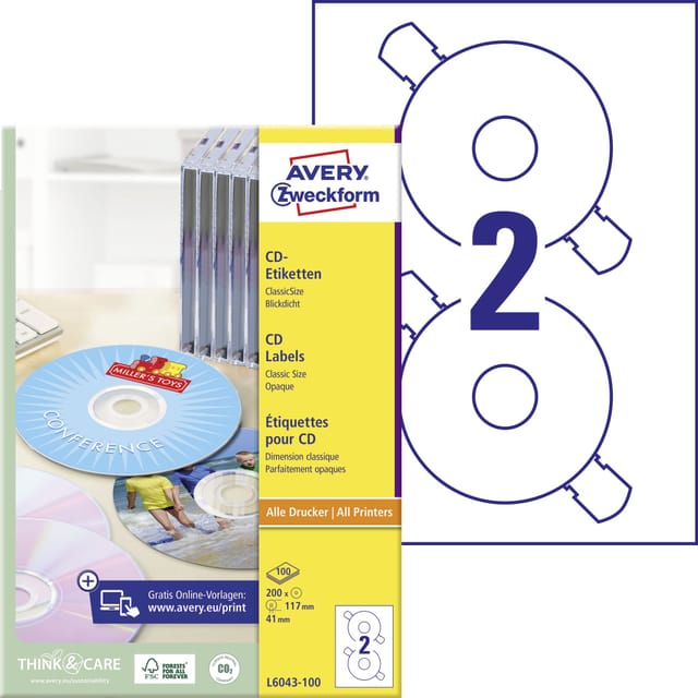 AVZ L6043-100 - CD-Etiketten, ClassicSize, Inkjet, Laser, 200 Stück, weiß