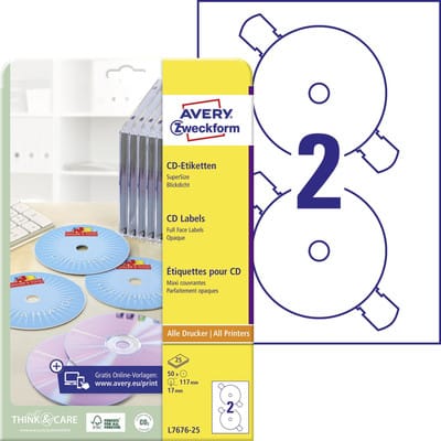 AVZ L7676-25 - CD-Etiketten, SuperSize, Inkjet, Laser, 50 Stück, weiß