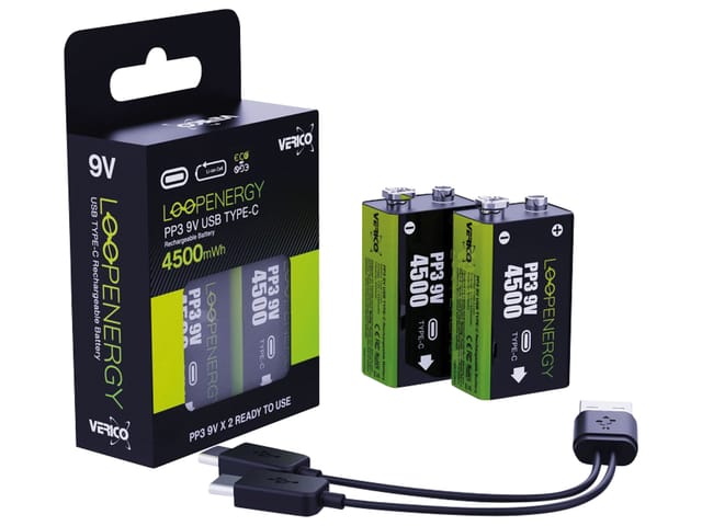 VERICO 2X 9V - Li-Ion-Akku, 9V Block, 7,4 V, 500 mAh, USB-C, 2er-Pack