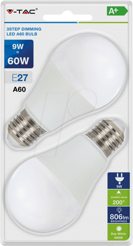 VT-7289 - LED-Lampe E27, 9 W, 806 lm, 4000 K, mit 3-Stufen-Dimmer, 2er-Pac