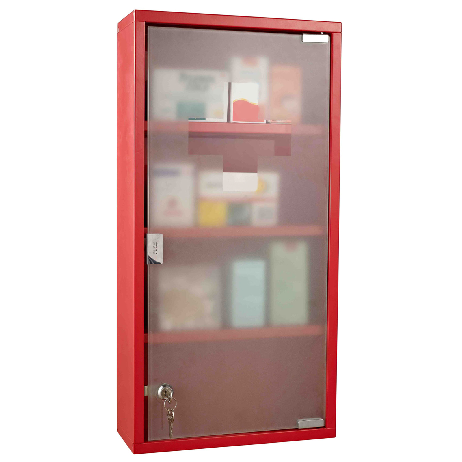 Abschließbarer Medizinschrank Mit 3 Ablagen Und 4 Fächern, Tür Aus Mattiertem Sicherheitsglas Mit Kreuzlogo, 30 X 12 X 60 Cm (b X T X H), Roter Stahl